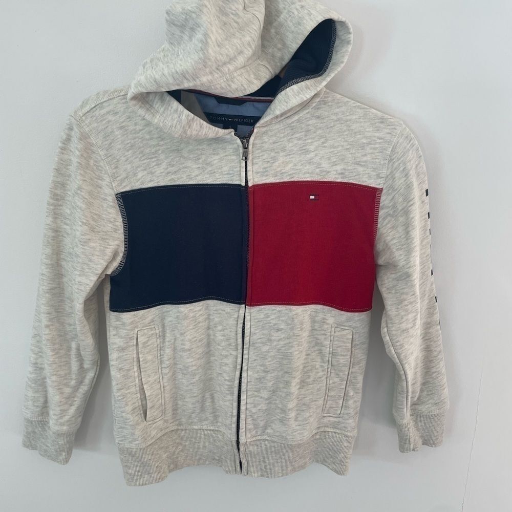 Tommy Hilfiger Youth Boys Gray Long Sleeves Spellout Full Zip Hoodie Size 7/8
